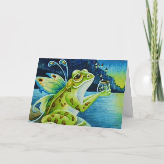 Whimsical Fairy Frog & Fireflies Wasserfarben Kuns Karte (Vorderseite)