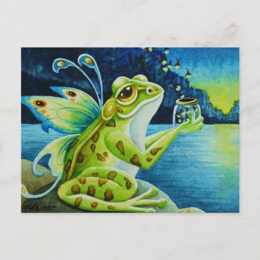 Whimsical Fairy Frog & Fireflies Wasserfarben Kuns Postkarte (Vorderseite)