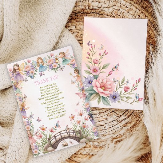 Whimsical fairy garden 1st birthday dankeskarte