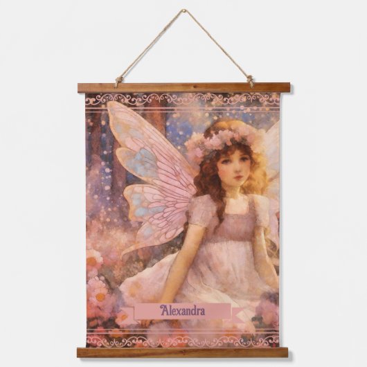 Whimsical Fairy in Dreamy Pink Floral Garden Wandteppich Mit Holzrahmen (Vorderseite)