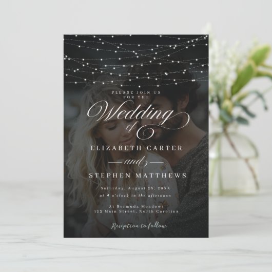 Whimsical Fairy Light Night Foto Hochzeit Einladung (Stehend Vorderseite)