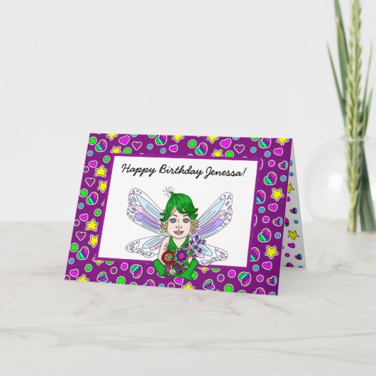 Whimsical Fairy mit Blume Happy Birthday Karte (Vorderseite)