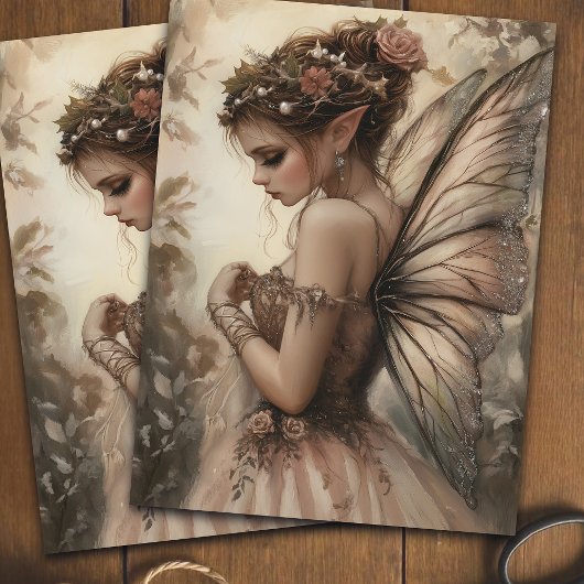 Whimsical Fairy mit rosa Rosen Decoupage Art Seidenpapier