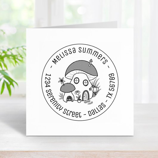 Whimsical Fairy Mushroom House Round Address Gummistempel