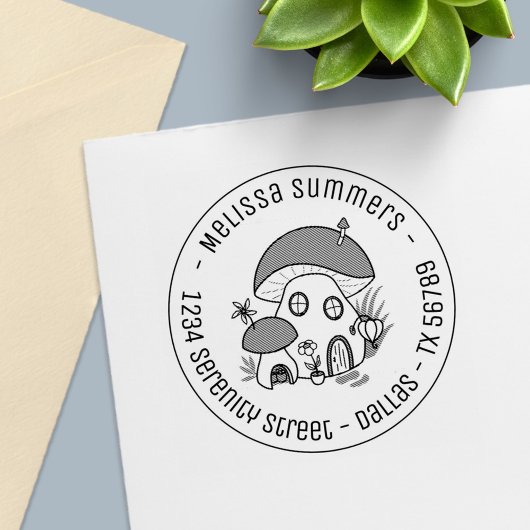 Whimsical Fairy Mushroom House Round Address Permastempel