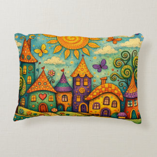 Whimsical Fairy Tale Village Colorful Canvas Art Dekokissen