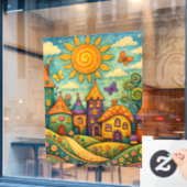 Whimsical Fairy Tale Village Colorful Canvas Art Fensteraufkleber (Café-Fenster)