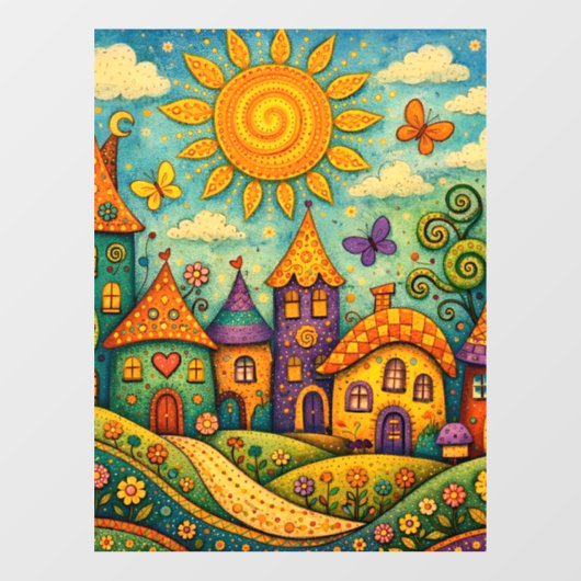 Whimsical Fairy Tale Village Colorful Canvas Art Fensteraufkleber (Blatt)