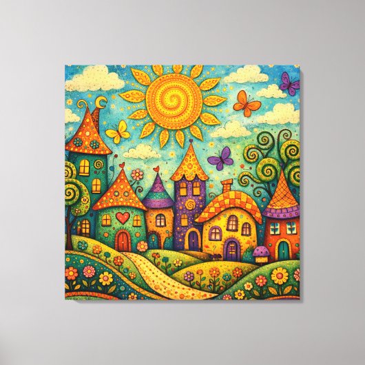 Whimsical Fairy Tale Village Colorful Canvas Art Leinwanddruck (Vorderseite)