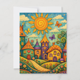 Whimsical Fairy Tale Village Colorful Canvas Art Mitteilungskarte