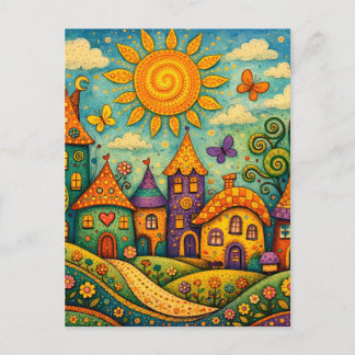 Whimsical Fairy Tale Village Colorful Canvas Art Postkarte