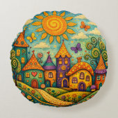 Whimsical Fairy Tale Village Colorful Canvas Art Rundes Kissen (Vorderseite)