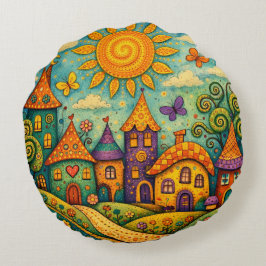 Whimsical Fairy Tale Village Colorful Canvas Art Rundes Kissen