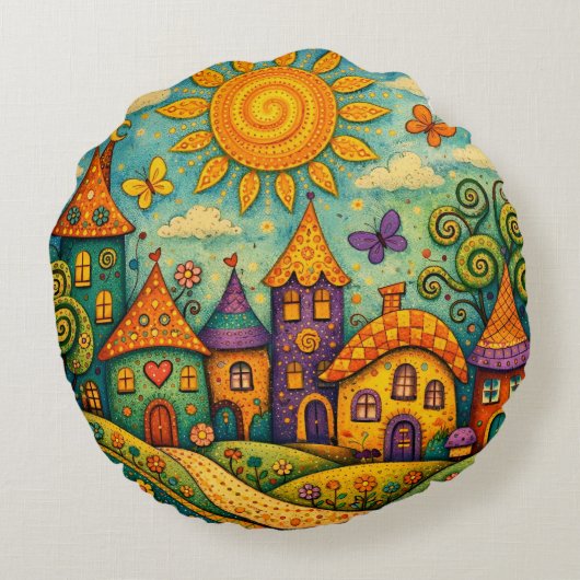 Whimsical Fairy Tale Village Colorful Canvas Art Rundes Kissen (Rückseite)
