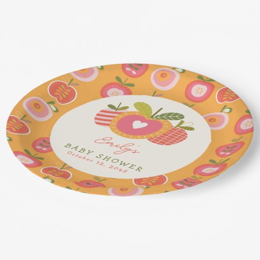Whimsical Fall Apple Thema Baby Dusche Orange Pappteller (Schrägansicht)
