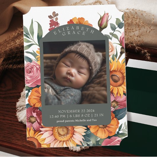 Whimsical Fall Floral Border Birth Ankündigung