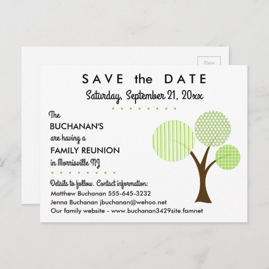 Whimsical Family Tree Wiedersehen Save the Date Ankündigungspostkarte (Vorne/Hinten)