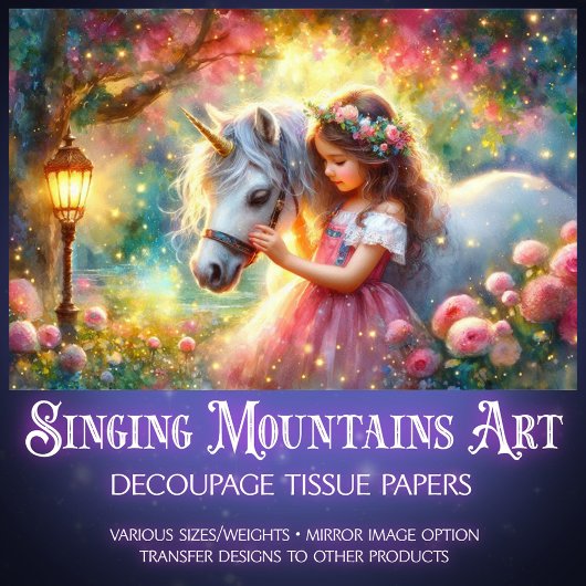 Whimsical Fantasy Art Unicorn And Girl Decoupage  Seidenpapier
