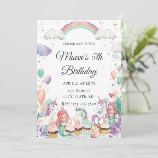 Whimsical Fantasy Creatures Kids Birthday Party Einladung (Stehend Vorderseite)