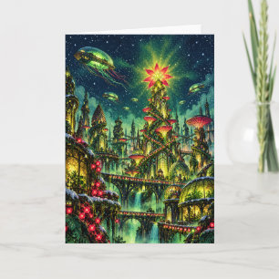 Whimsical Fantasy Gewächshaus Stadt mit Poinsettie Feiertagskarte