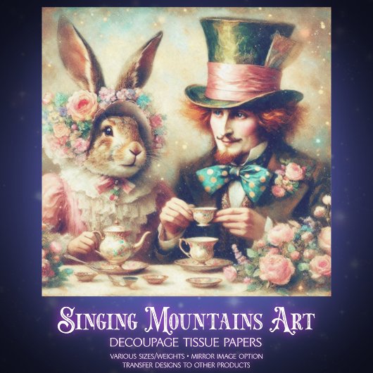Whimsical Fantasy Mad Hatter Rabbit Tea Decoupage Seidenpapier