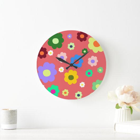 Whimsical farbenfroh florale Retro, fröhlich, prep Große Wanduhr (Zuhause)