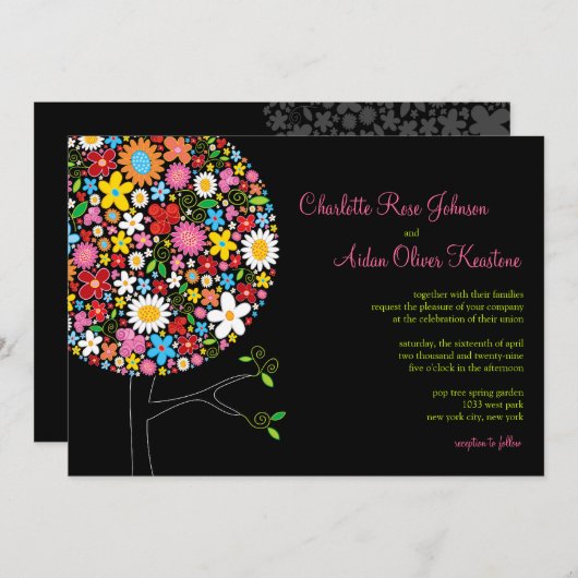 Whimsical farbenfrohe Frühlingsblumen Pop Tree Hoc Einladung (Vorne/Hinten)