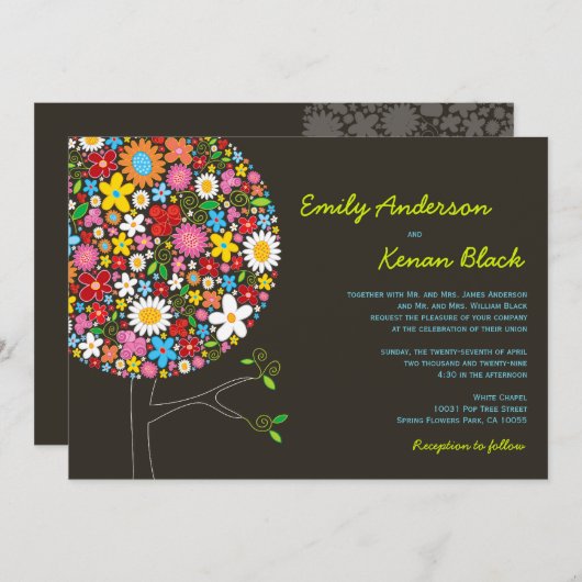 Whimsical farbenfrohe Frühlingsblumen Pop Tree Hoc Einladung (Vorne/Hinten)