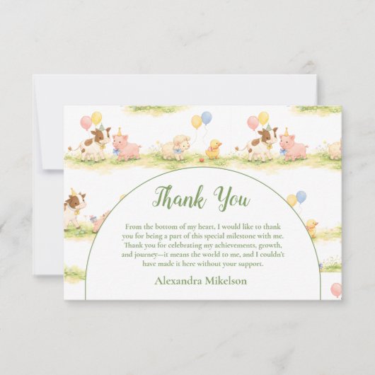 Whimsical Farm Animals Pastel 1st Birthday Dankeskarte (Vorderseite)