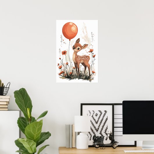 Whimsical Fawn Holding Orange Ballon in Wildfloss Poster (Heimbüro)