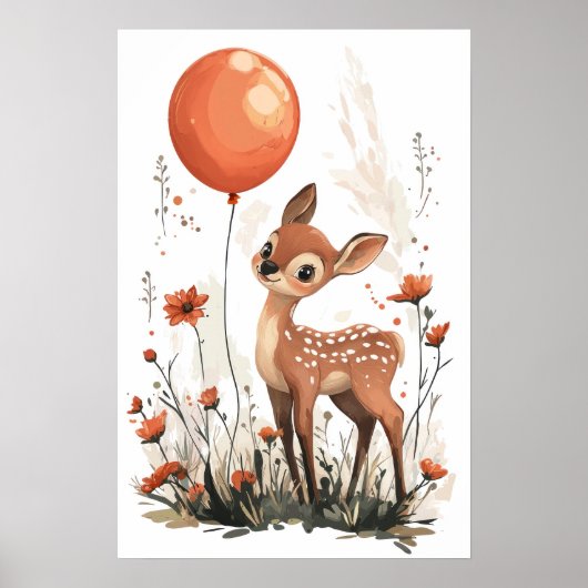 Whimsical Fawn Holding Orange Ballon in Wildfloss Poster (Vorne)