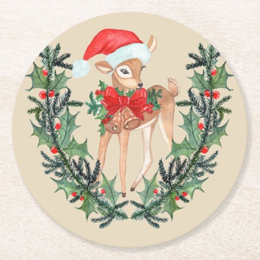 Whimsical Fawn Kreath Runder Pappuntersetzer (Vorderseite)