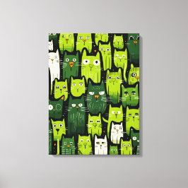 Whimsical Feline Delight - Green Doodle Cat Lover Leinwanddruck