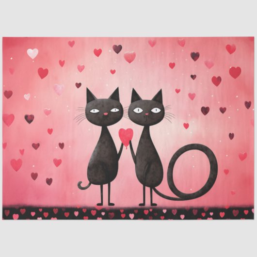 Whimsical Feline Pink & Red Liebe Herzdekoupage Seidenpapier (Vorderseite)