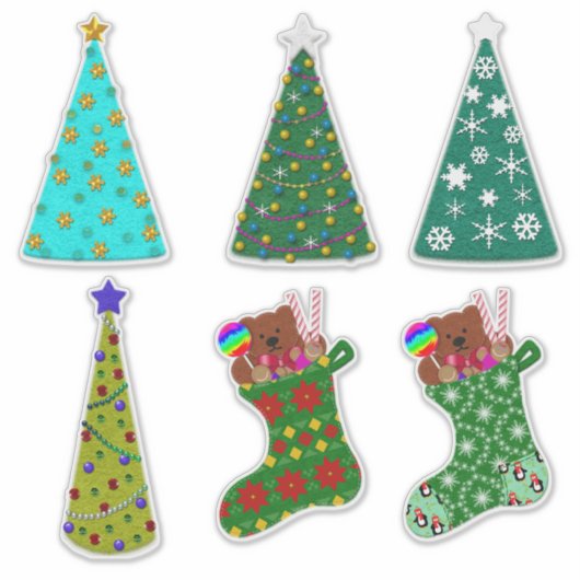 Whimsical Felt Look Christmas Trees & Stockings Aufkleber (Vorderseite)