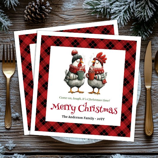 Whimsical festive chickens napkin with custom name serviette