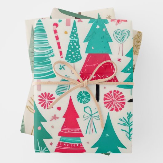 Whimsical Festive Weihnachtsbaum Muster Geschenkpapier Set (Beispiel)