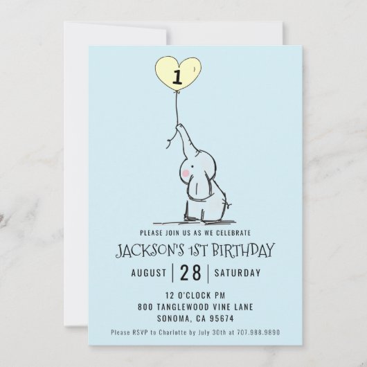 Whimsical First Birthday | Elephant Blue Einladung (Vorderseite)