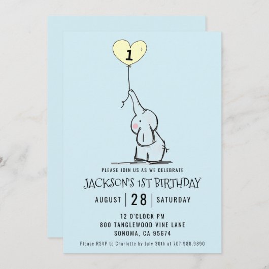 Whimsical First Birthday | Elephant Blue Einladung (Vorne/Hinten)