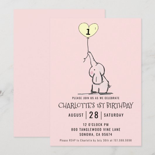 Whimsical First Birthday | Elephant Pink Einladung (Vorne/Hinten)