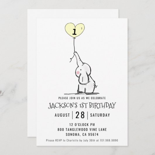 Whimsical First Geburtstag | Elefant Einladung (Vorne/Hinten)