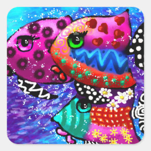 Whimsical Fish Trio farbenfroh Abstrakt nautic Quadratischer Aufkleber
