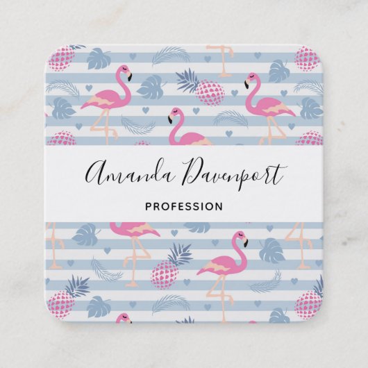 Whimsical Flamingo & Ananas Muster Quadratische Visitenkarte (Vorderseite)