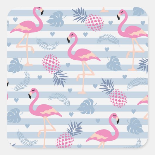Whimsical Flamingo & Ananas Muster Quadratischer Aufkleber (Vorderseite)