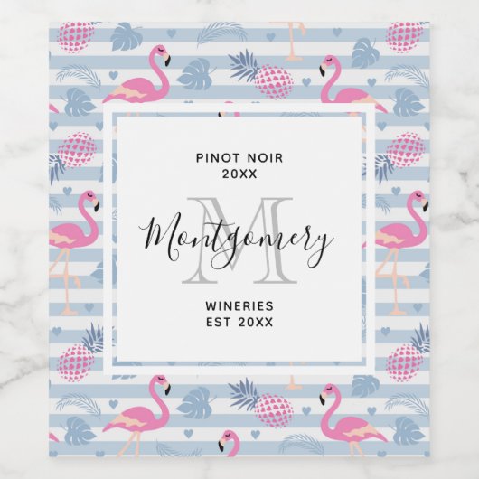 Whimsical Flamingo & Ananas Muster Weinkultur und  Weinetikett (Einzelnes Label)