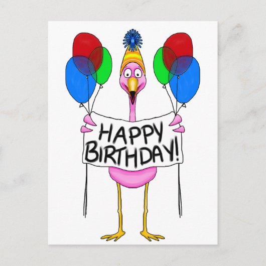 Whimsical Flamingo Happy Birthday Balloons Postkarte (Vorderseite)