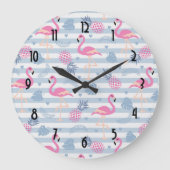 Whimsical Flamingo & Pineapple Pattern Große Wanduhr (Vorderseite)