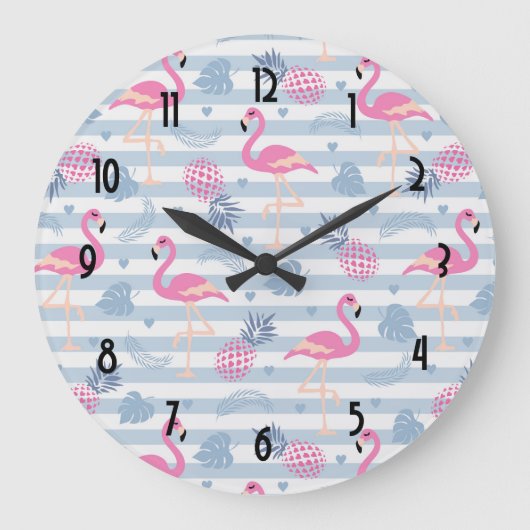 Whimsical Flamingo & Pineapple Pattern Große Wanduhr (Vorderseite)