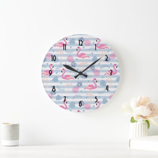 Whimsical Flamingo & Pineapple Pattern Große Wanduhr (Zuhause)