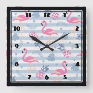 Whimsical Flamingo & Pineapple Pattern Quadratische Wanduhr